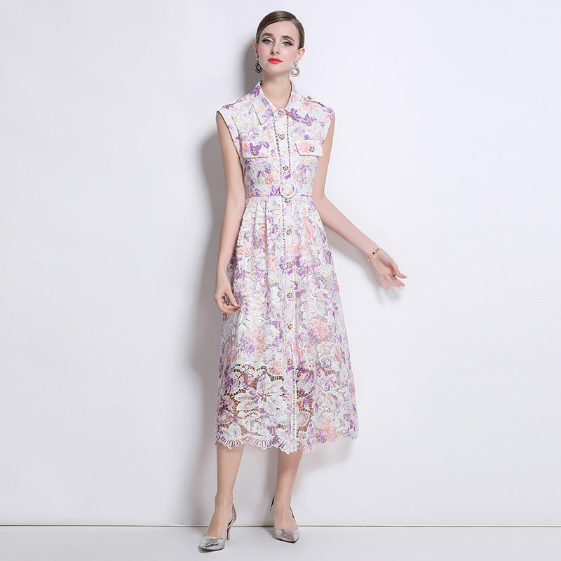 CM-DY043590 Women Elegant European Style Lapel Neckline Sleeveless Lace Maxi Dress