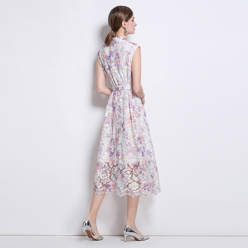 CM-DY043590 Women Elegant European Style Lapel Neckline Sleeveless Lace Maxi Dress