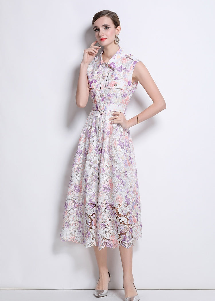 CM-DY043590 Women Elegant European Style Lapel Neckline Sleeveless Lace Maxi Dress