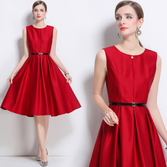 CM-DY043822 Women Elegant European Style Round Neck Sleeveless Pinched Waist Short Dress - Red