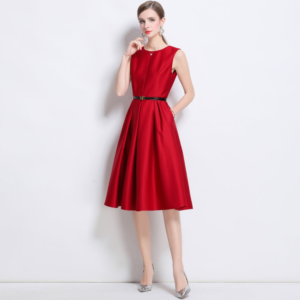 CM-DY043822 Women Elegant European Style Round Neck Sleeveless Pinched Waist Short Dress - Red