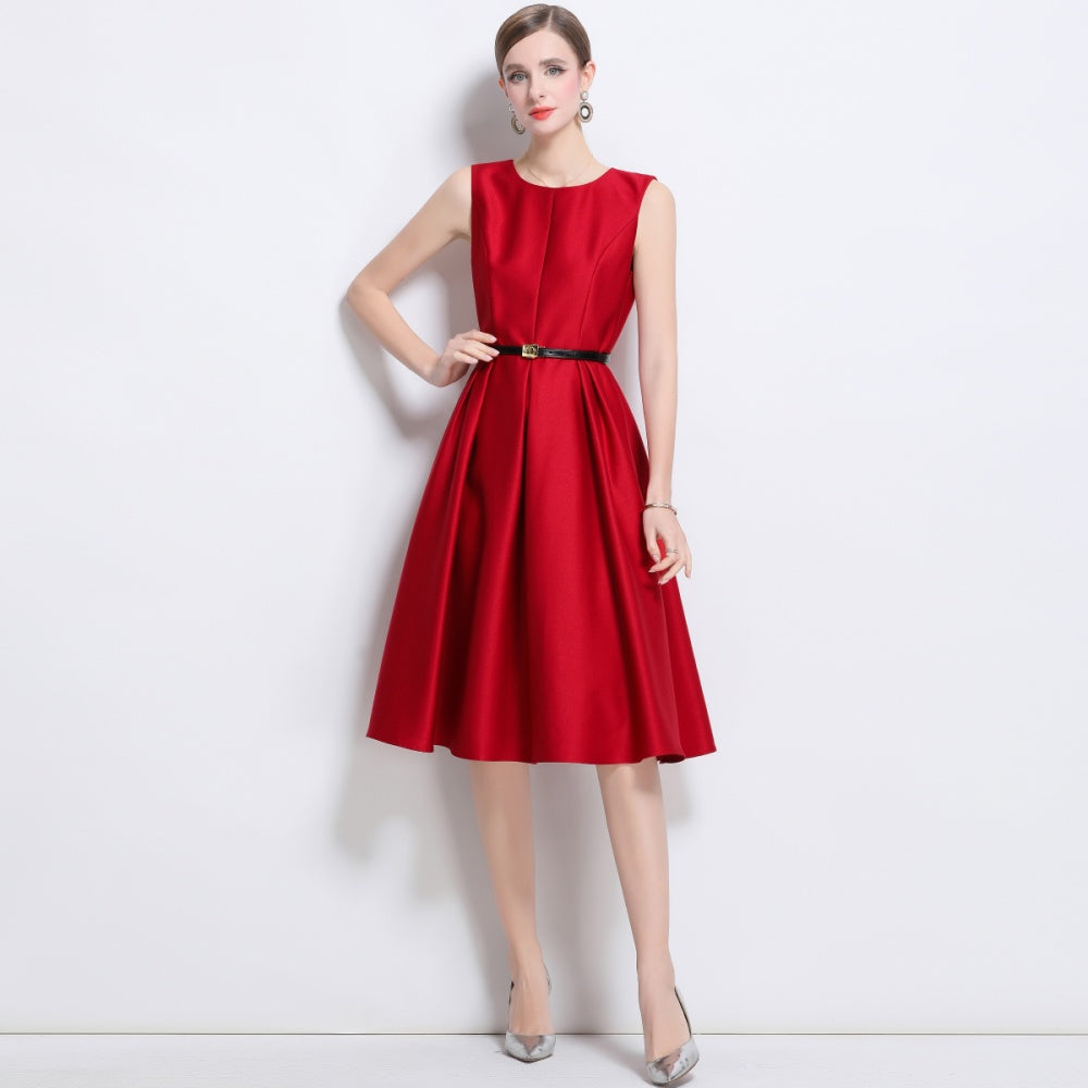 CM-DY043822 Women Elegant European Style Round Neck Sleeveless Pinched Waist Short Dress - Red