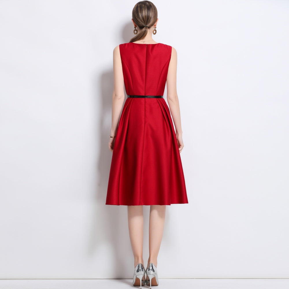 CM-DY043822 Women Elegant European Style Round Neck Sleeveless Pinched Waist Short Dress - Red
