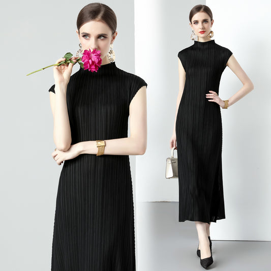 CM-DY043905 Women Elegant European Style Stand Collar Sleevless Medium Waist A-Line Dress - Black