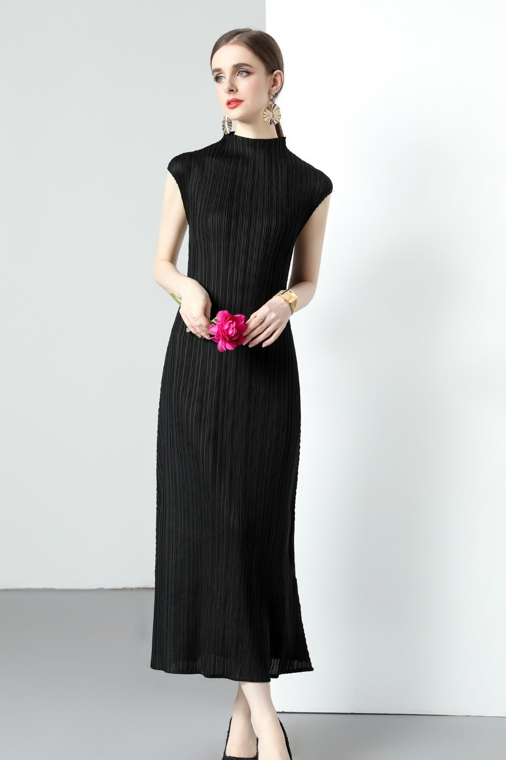 CM-DY043905 Women Elegant European Style Stand Collar Sleevless Medium Waist A-Line Dress - Black