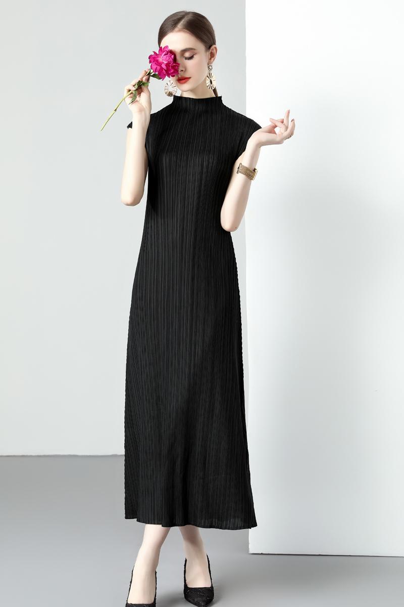 CM-DY043905 Women Elegant European Style Stand Collar Sleevless Medium Waist A-Line Dress - Black
