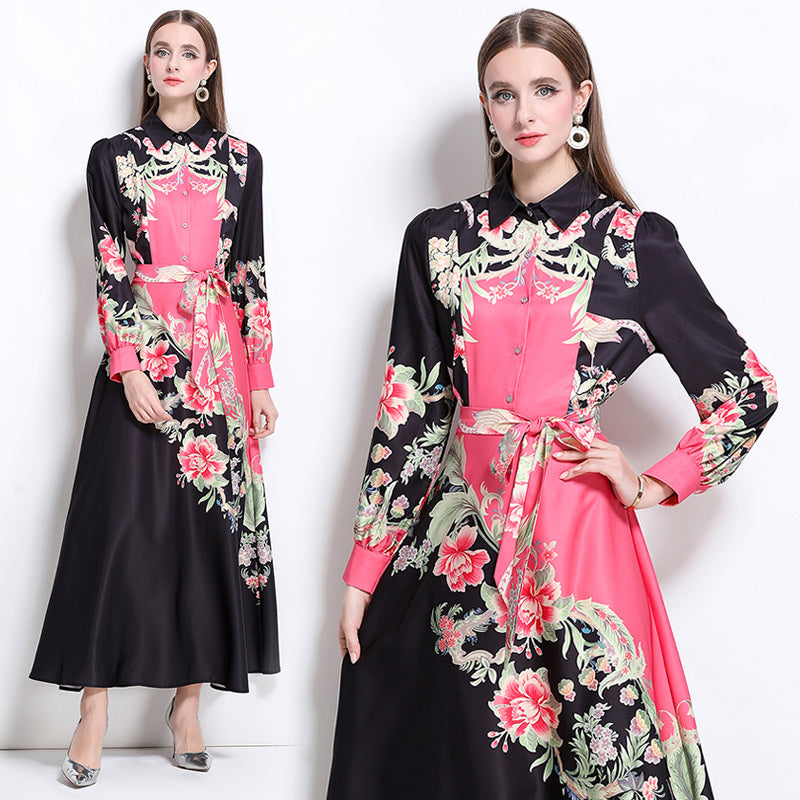 CM-DY044122 Women Elegant European Style Collar Neckline Long Sleeve Floral Print Belted Dress