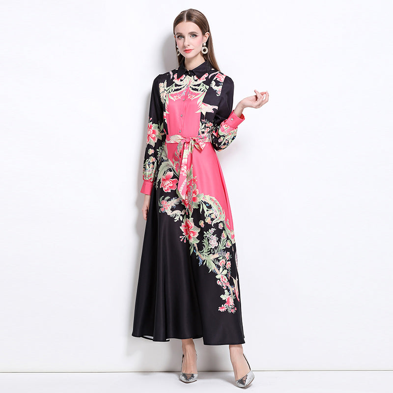 CM-DY044122 Women Elegant European Style Collar Neckline Long Sleeve Floral Print Belted Dress