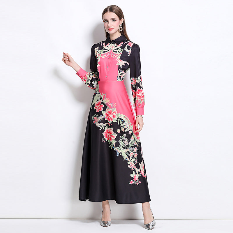 CM-DY044122 Women Elegant European Style Collar Neckline Long Sleeve Floral Print Belted Dress