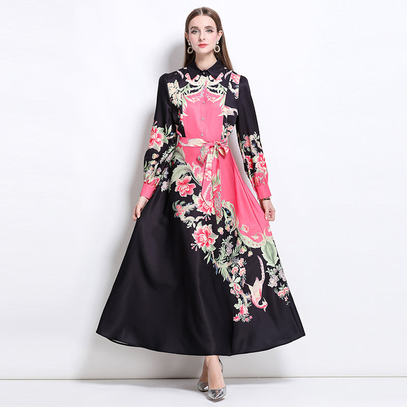 CM-DY044122 Women Elegant European Style Collar Neckline Long Sleeve Floral Print Belted Dress