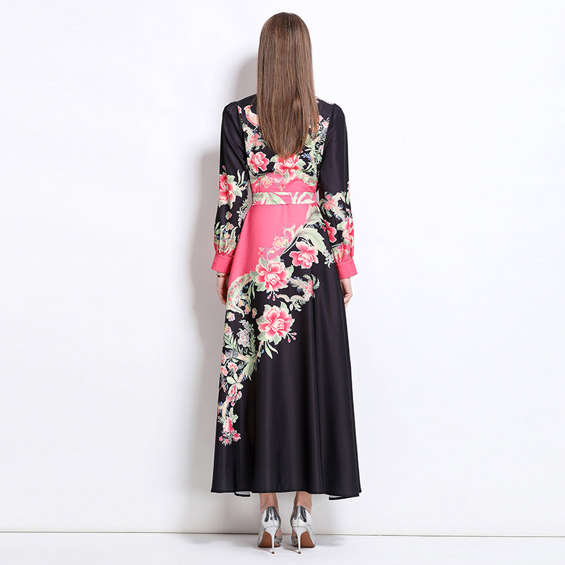 CM-DY044122 Women Elegant European Style Collar Neckline Long Sleeve Floral Print Belted Dress
