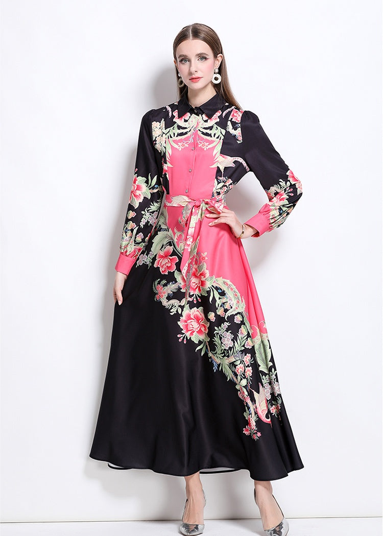 CM-DY044122 Women Elegant European Style Collar Neckline Long Sleeve Floral Print Belted Dress