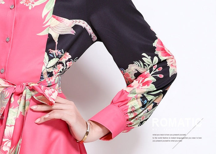 CM-DY044122 Women Elegant European Style Collar Neckline Long Sleeve Floral Print Belted Dress