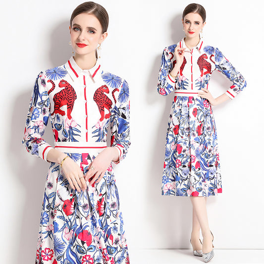 CM-DY044123 Women Elegant European Style Colalr Neckline Long Sleeve All-Over Print Pinched Waist Dress