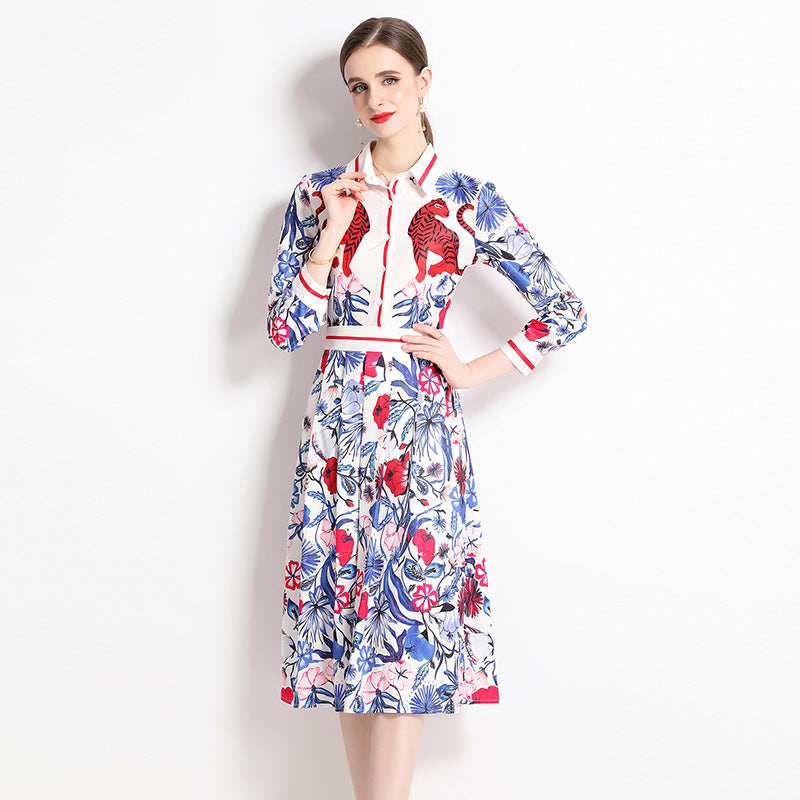 CM-DY044123 Women Elegant European Style Colalr Neckline Long Sleeve All-Over Print Pinched Waist Dress