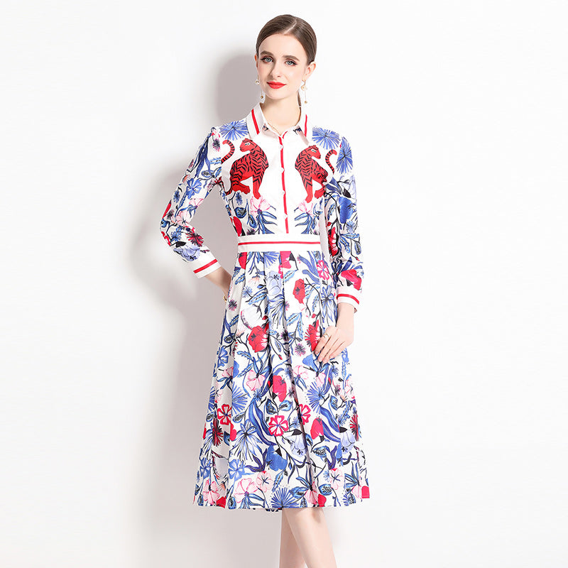 CM-DY044123 Women Elegant European Style Colalr Neckline Long Sleeve All-Over Print Pinched Waist Dress