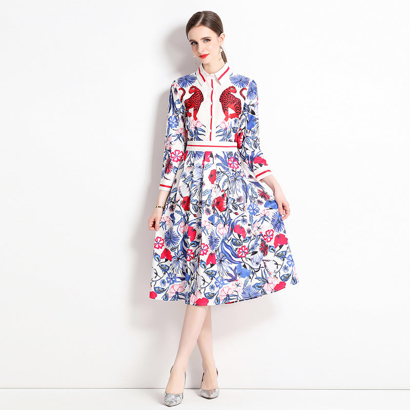 CM-DY044123 Women Elegant European Style Colalr Neckline Long Sleeve All-Over Print Pinched Waist Dress