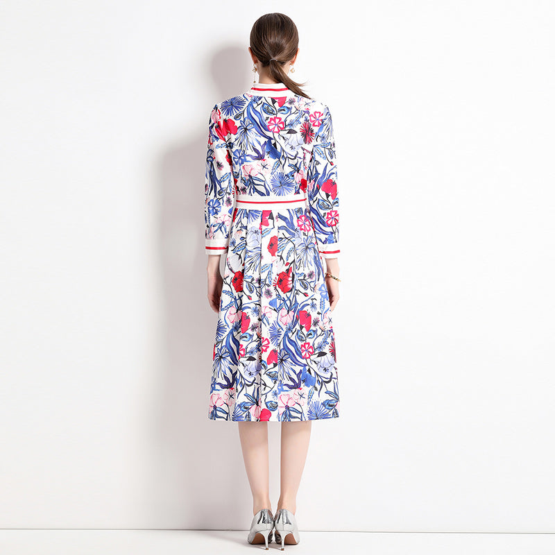 CM-DY044123 Women Elegant European Style Colalr Neckline Long Sleeve All-Over Print Pinched Waist Dress