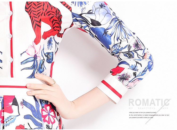 CM-DY044123 Women Elegant European Style Colalr Neckline Long Sleeve All-Over Print Pinched Waist Dress