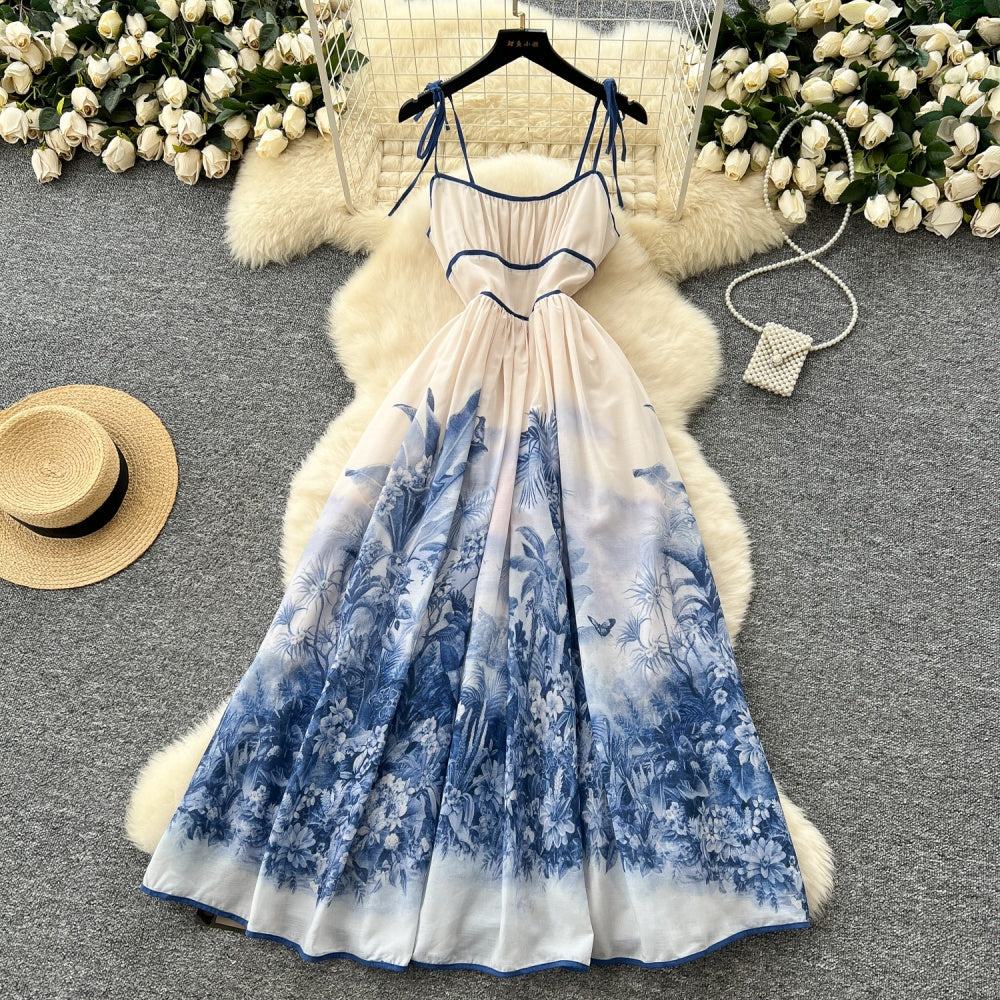 CM-DY044151 Women Casual Seoul Style Spaghetti Strap Sleeveless All-Over Print Maxi Dress
