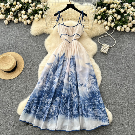 CM-DY044151 Women Casual Seoul Style Spaghetti Strap Sleeveless All-Over Print Maxi Dress