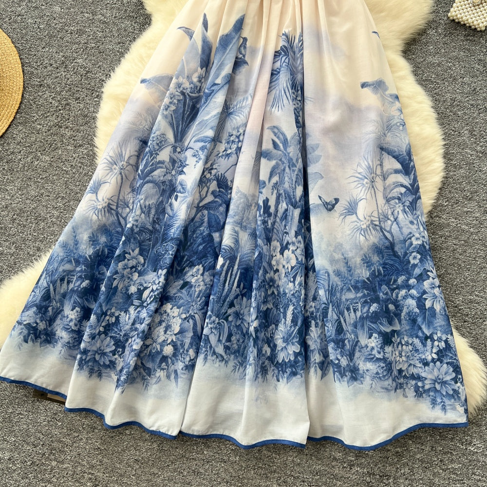 CM-DY044151 Women Casual Seoul Style Spaghetti Strap Sleeveless All-Over Print Maxi Dress