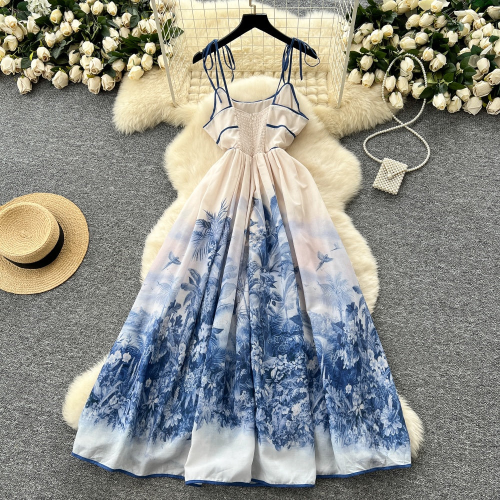 CM-DY044151 Women Casual Seoul Style Spaghetti Strap Sleeveless All-Over Print Maxi Dress