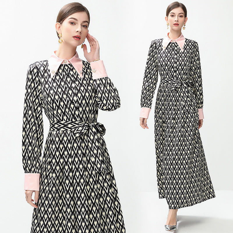 CM-DY044400 Women Elegant European Style Polo Collar Long Sleeve Pinched Waist Slim Dress