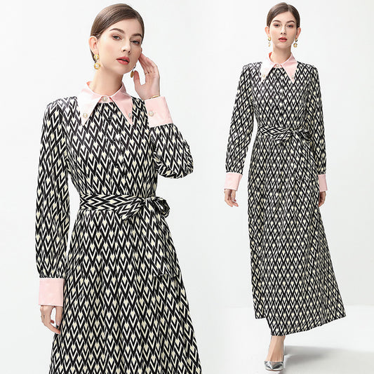 CM-DY044400 Women Elegant European Style Polo Collar Long Sleeve Pinched Waist Slim Dress