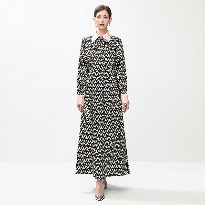 CM-DY044400 Women Elegant European Style Polo Collar Long Sleeve Pinched Waist Slim Dress