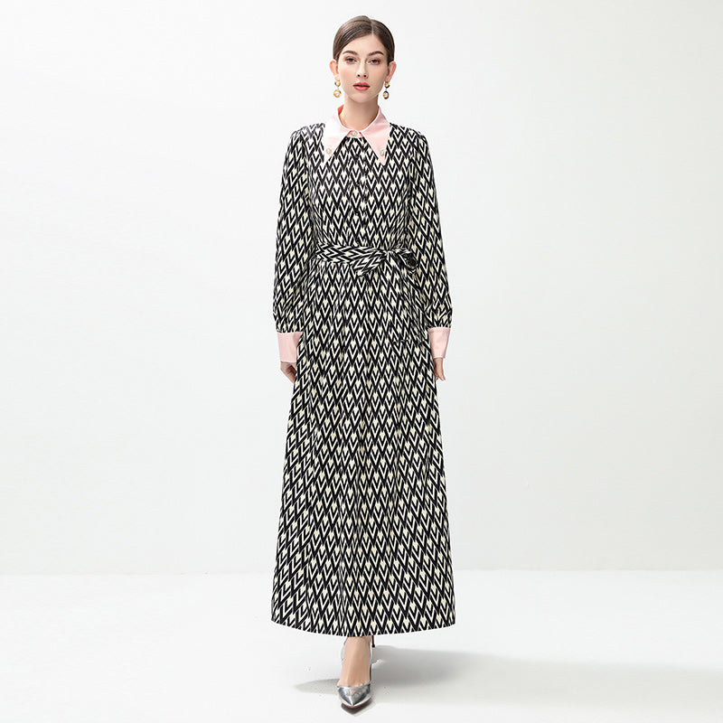 CM-DY044400 Women Elegant European Style Polo Collar Long Sleeve Pinched Waist Slim Dress