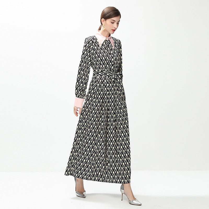 CM-DY044400 Women Elegant European Style Polo Collar Long Sleeve Pinched Waist Slim Dress