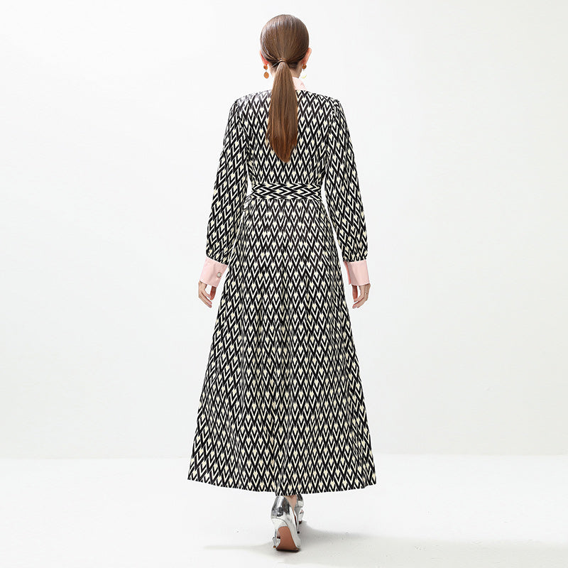 CM-DY044400 Women Elegant European Style Polo Collar Long Sleeve Pinched Waist Slim Dress