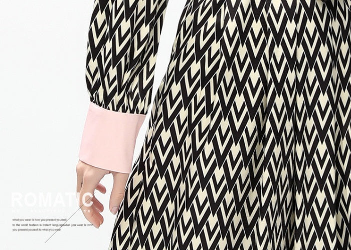 CM-DY044400 Women Elegant European Style Polo Collar Long Sleeve Pinched Waist Slim Dress