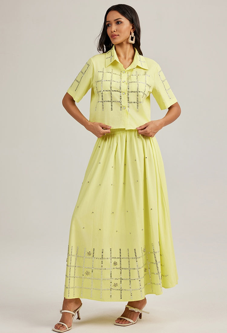 CM-SY044424 Women Elegant European Style Lapel Neckline Short Sleeve Shirt With Long Skirt - Set