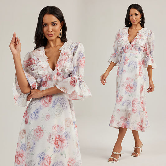 CM-DY044439 Women Elegant European Style Floral Print Deep V-Neck 3/4 Sleeve Midi Dress