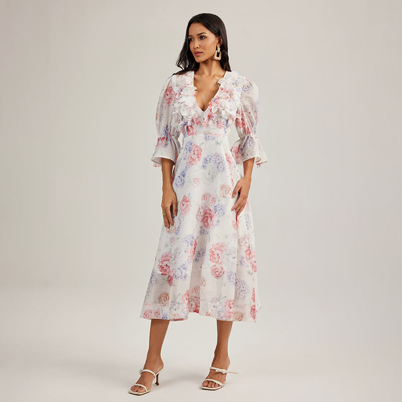 CM-DY044439 Women Elegant European Style Floral Print Deep V-Neck 3/4 Sleeve Midi Dress