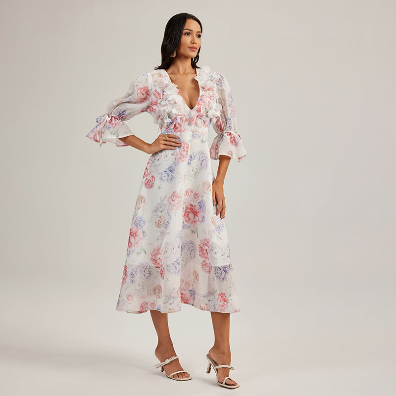 CM-DY044439 Women Elegant European Style Floral Print Deep V-Neck 3/4 Sleeve Midi Dress