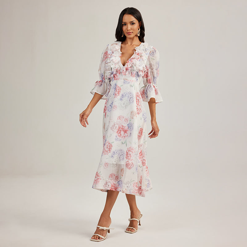 CM-DY044439 Women Elegant European Style Floral Print Deep V-Neck 3/4 Sleeve Midi Dress