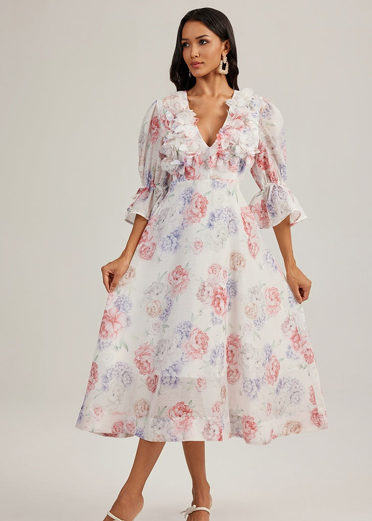 CM-DY044439 Women Elegant European Style Floral Print Deep V-Neck 3/4 Sleeve Midi Dress