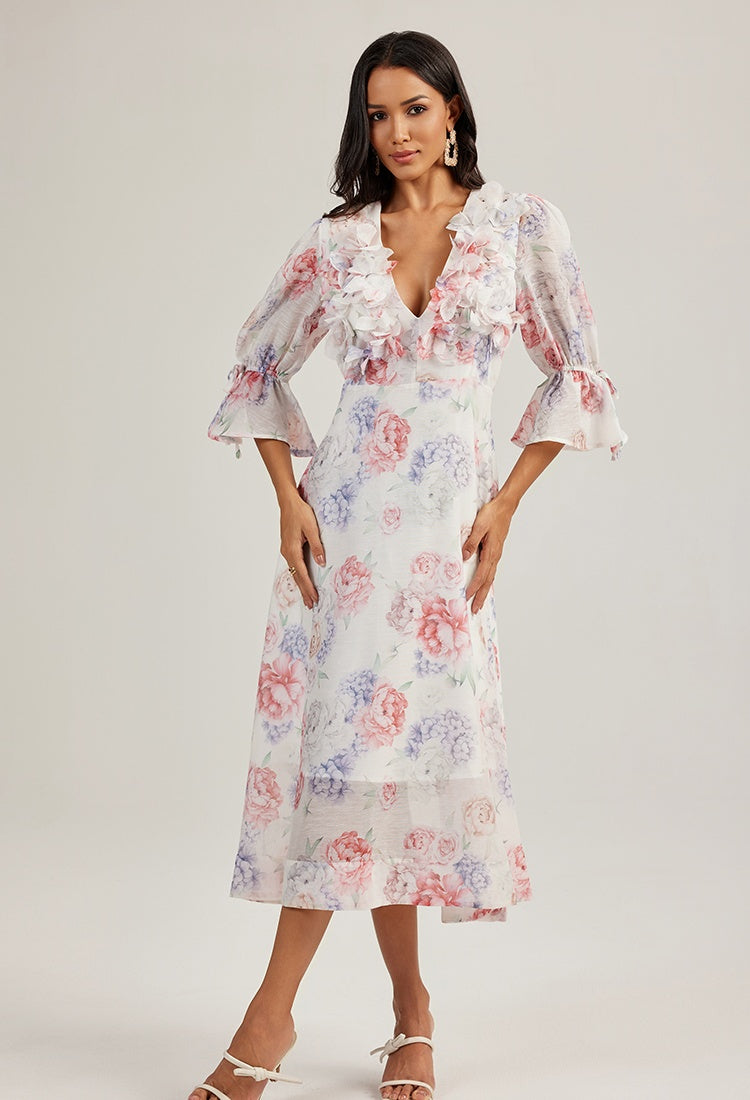 CM-DY044439 Women Elegant European Style Floral Print Deep V-Neck 3/4 Sleeve Midi Dress