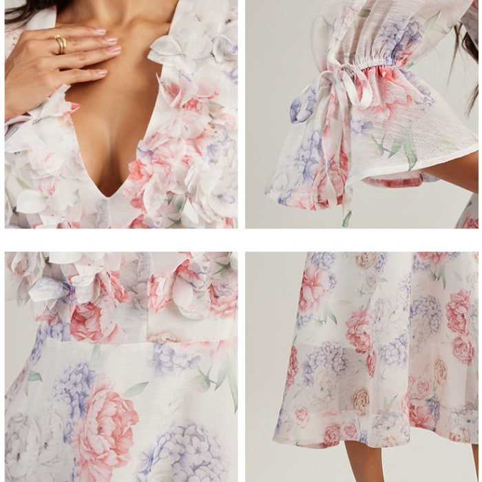 CM-DY044439 Women Elegant European Style Floral Print Deep V-Neck 3/4 Sleeve Midi Dress