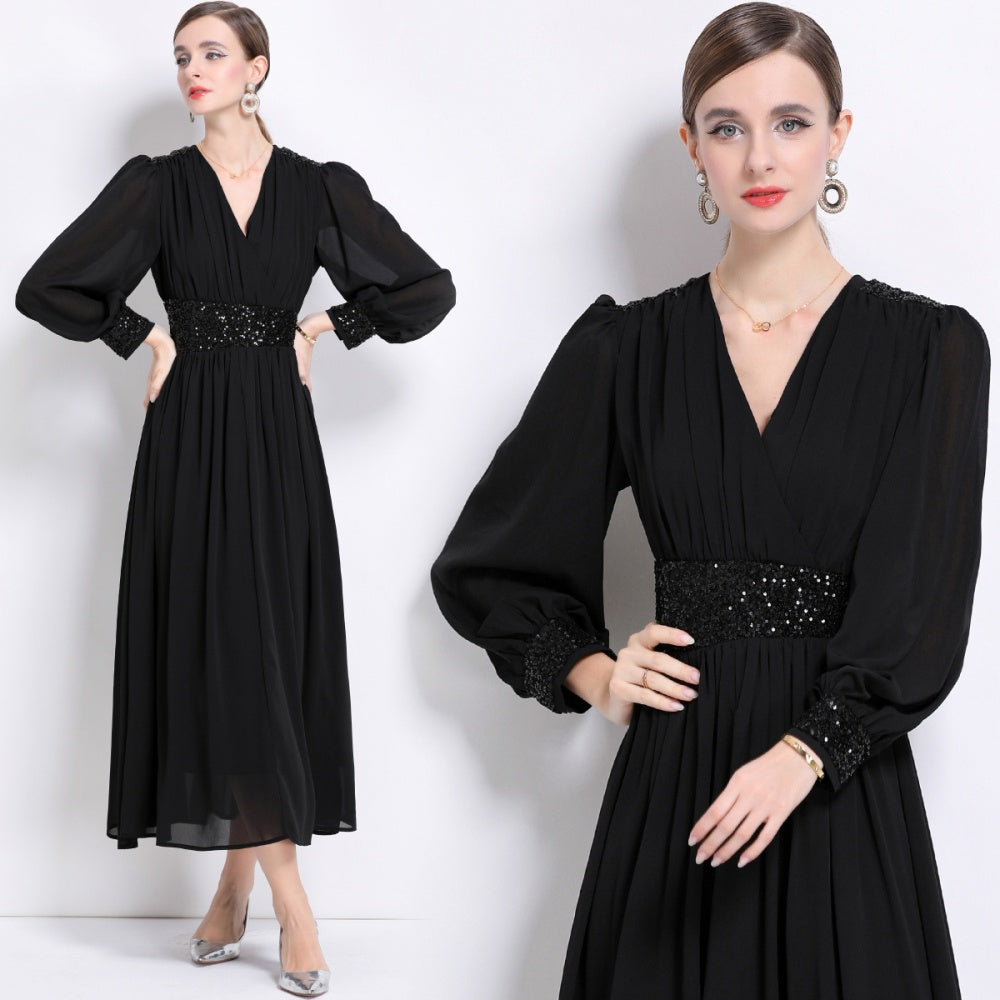 CM-DY044505 Women Elegant European Style V-Neck Long Sleeve Pinched Waist A-Line Maxi Dress - Black
