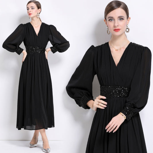 CM-DY044505 Women Elegant European Style V-Neck Long Sleeve Pinched Waist A-Line Maxi Dress - Black