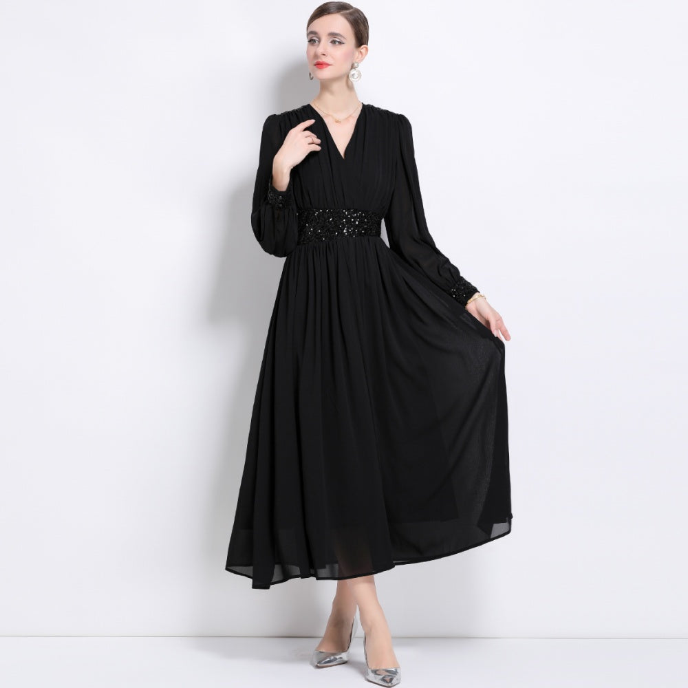 CM-DY044505 Women Elegant European Style V-Neck Long Sleeve Pinched Waist A-Line Maxi Dress - Black