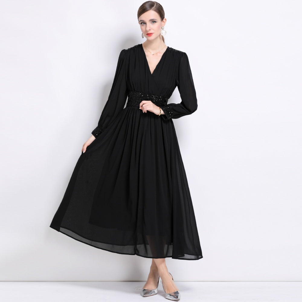 CM-DY044505 Women Elegant European Style V-Neck Long Sleeve Pinched Waist A-Line Maxi Dress - Black