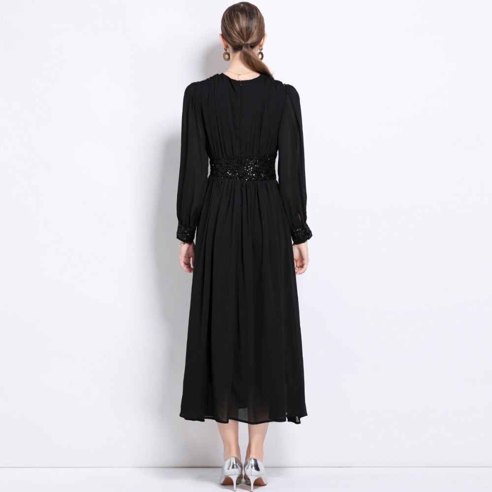 CM-DY044505 Women Elegant European Style V-Neck Long Sleeve Pinched Waist A-Line Maxi Dress - Black