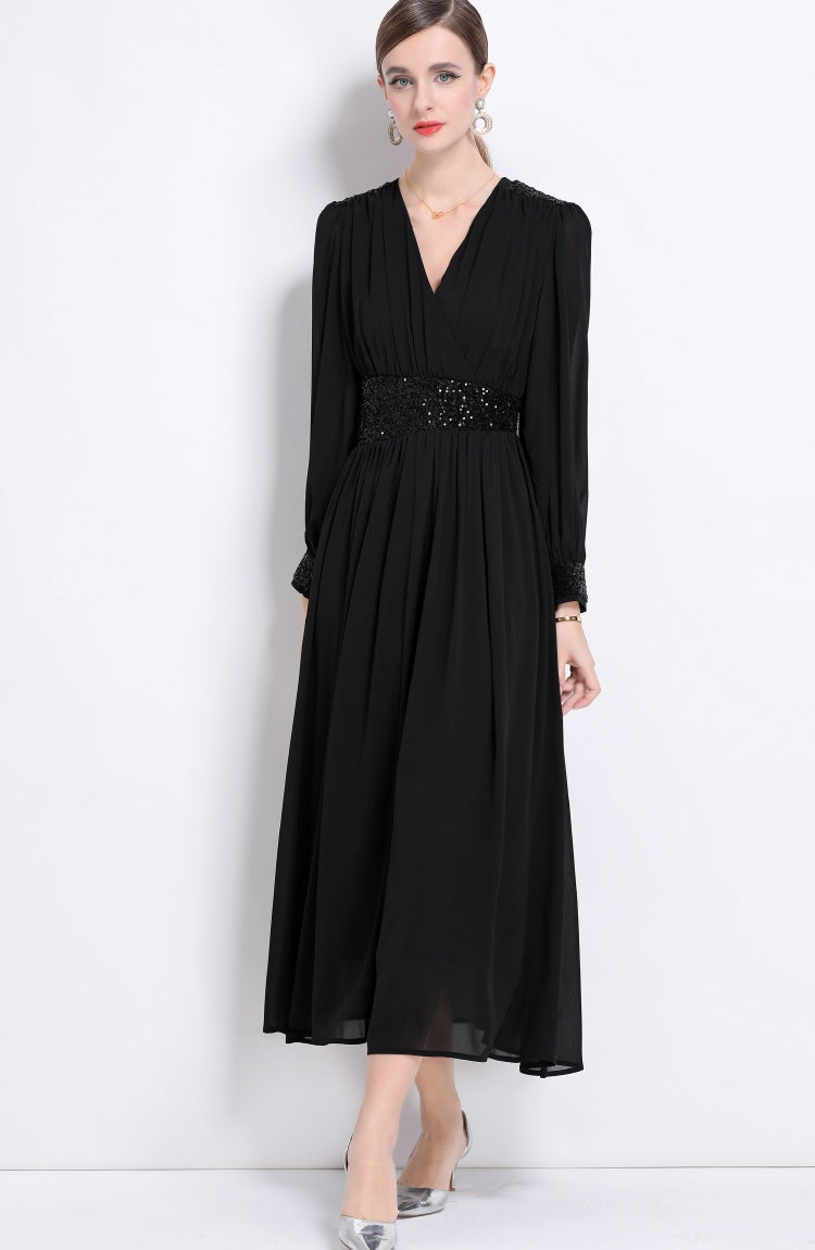 CM-DY044505 Women Elegant European Style V-Neck Long Sleeve Pinched Waist A-Line Maxi Dress - Black