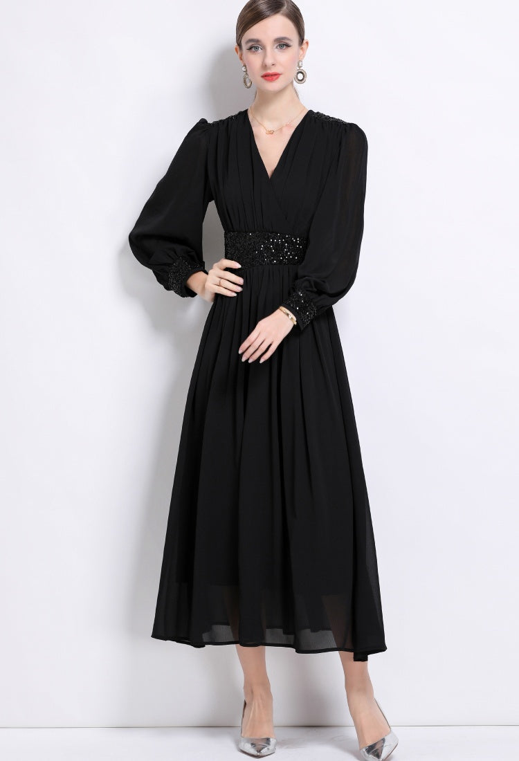 CM-DY044505 Women Elegant European Style V-Neck Long Sleeve Pinched Waist A-Line Maxi Dress - Black