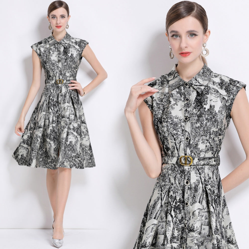 CM-DY044507 Women Elegant European Style Collar Neckline Sleeveless Single-Breasted Jacquard Belted Dress
